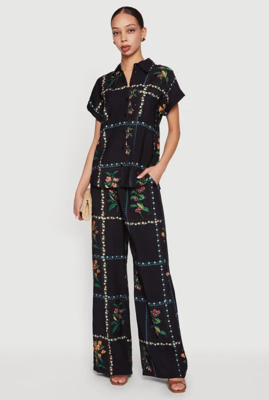 Floral Crepe Knit High Waisted Pull On Pants made by Rainbow