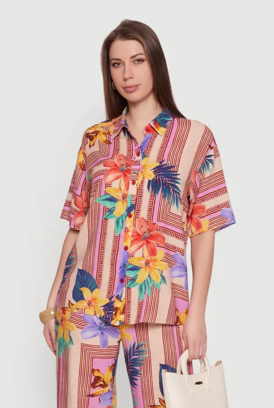 Geometric Striped Tropical Floral Print Shirt made by Rainbow