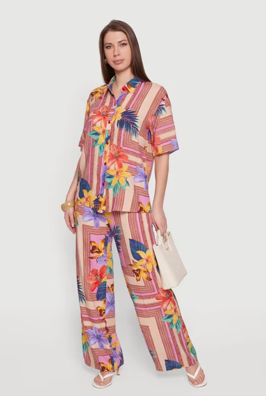 Geometric Floral Print High Waisted Wide Leg Pants made by Rainbow