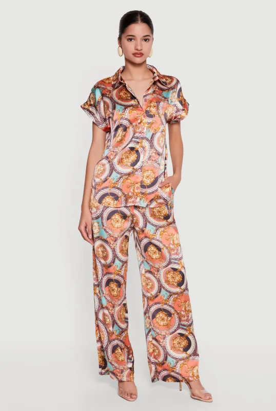 Medallion Status Print Satin Pants sold by Rainbow