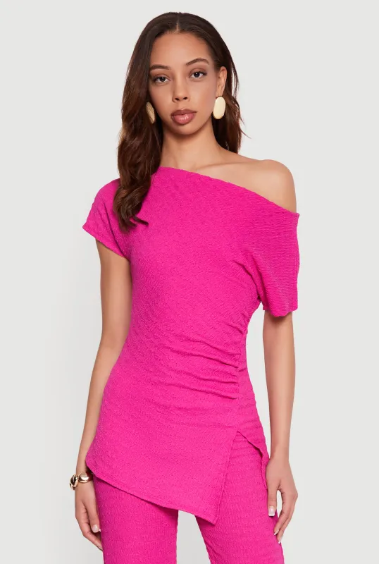Textured Knit Ruched Side One Shoulder Top made by Rainbow