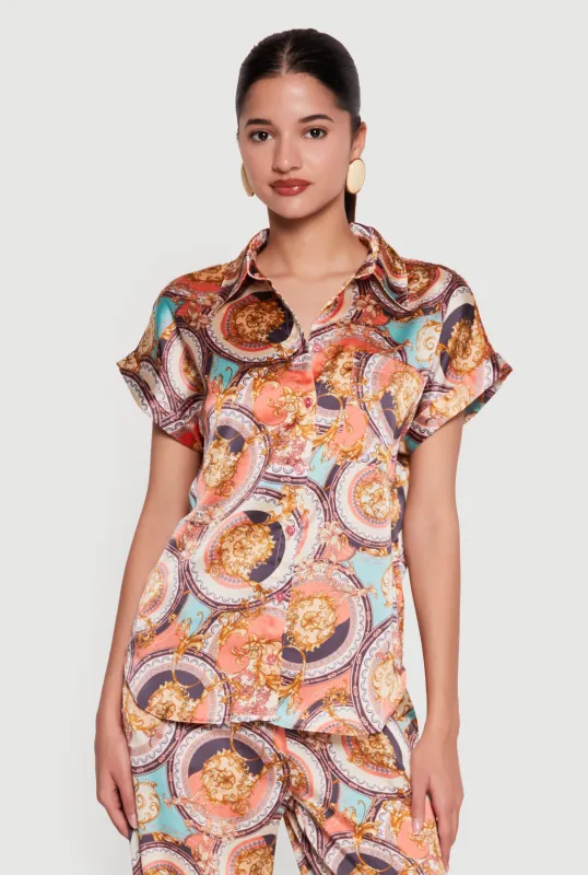 Medallion Status Print Satin Shirt made by Rainbow