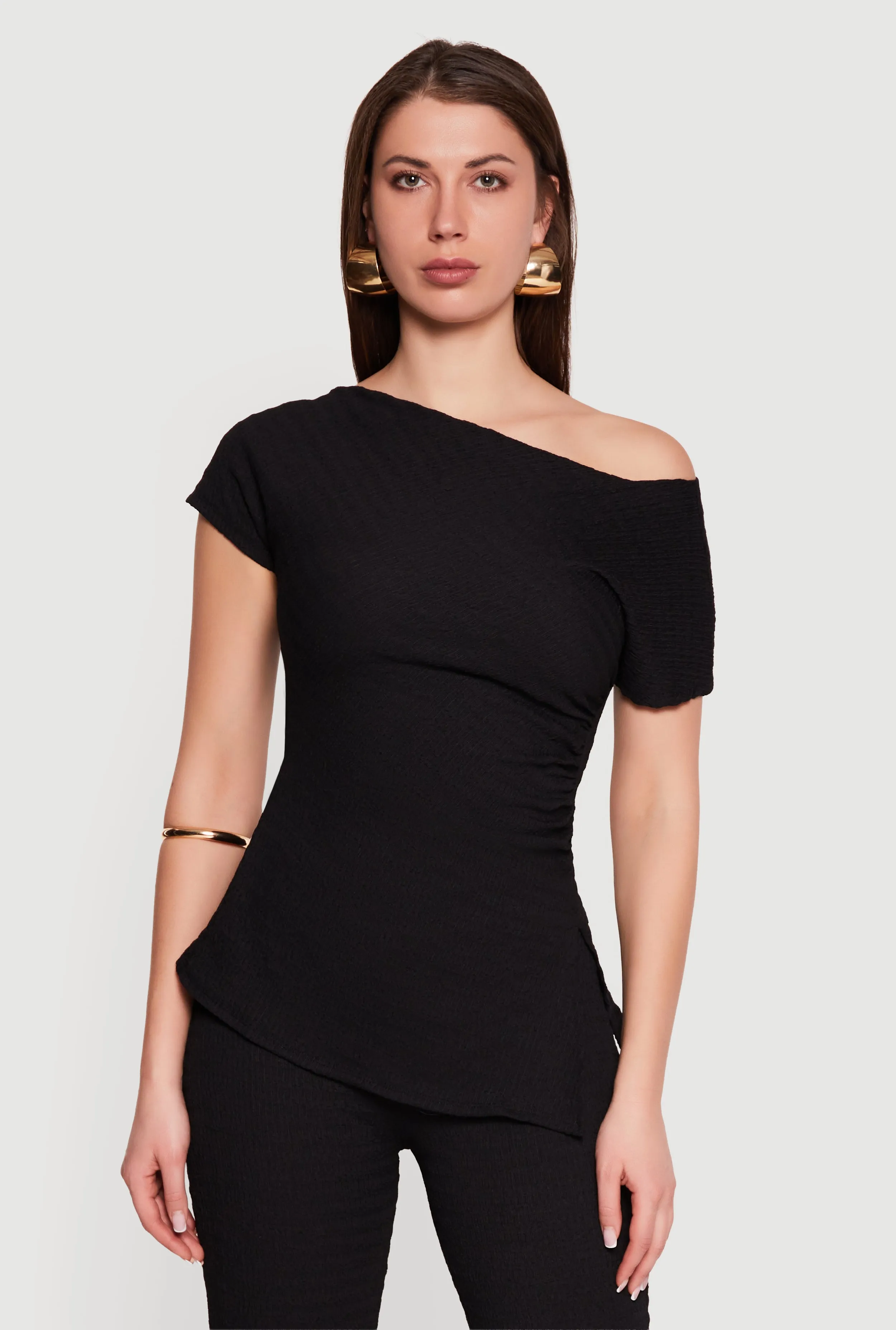 Textured Knit Ruched Side One Shoulder Top sold by Rainbow