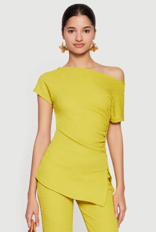 Textured Knit Ruched Side One Shoulder Top made by Rainbow