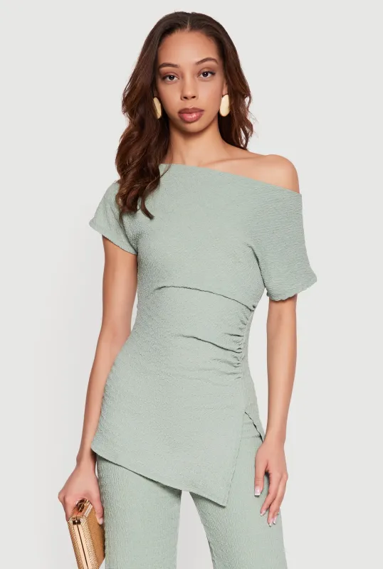 Textured Knit Ruched Side One Shoulder Top made by Rainbow