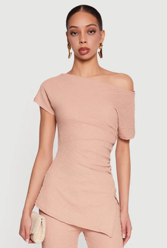 Textured Knit Ruched Side One Shoulder Top made by Rainbow