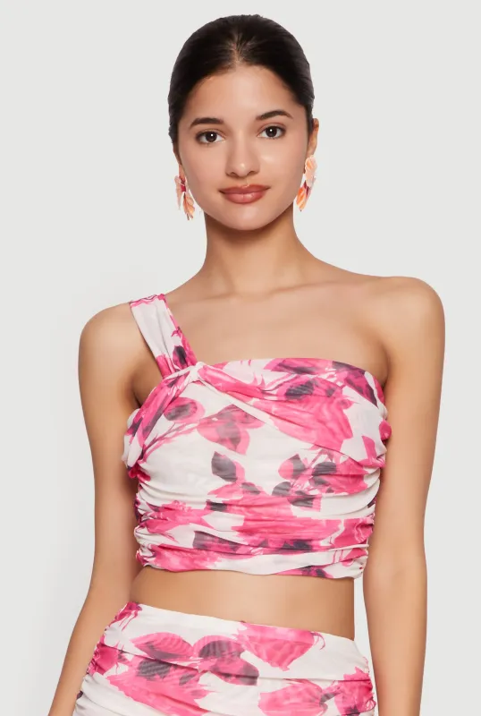 Floral Mesh Ruched Side One Shoulder Crop Top made by Rainbow