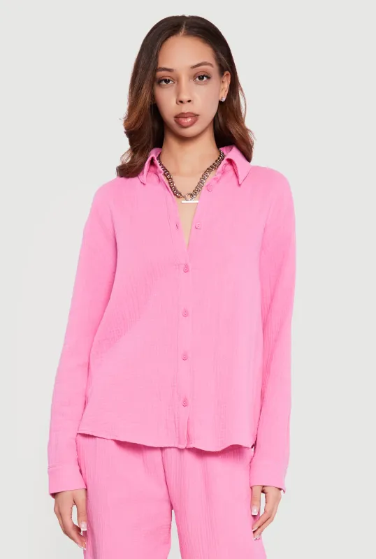 Tie Back Collared Button Front Blouse made by Rainbow