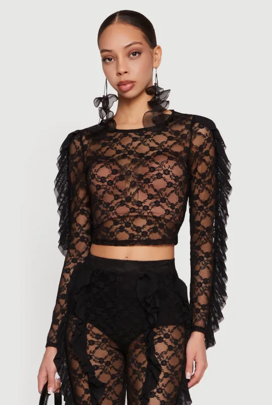 Floral Lace Ruffle Sleeve Crop Top made by Rainbow