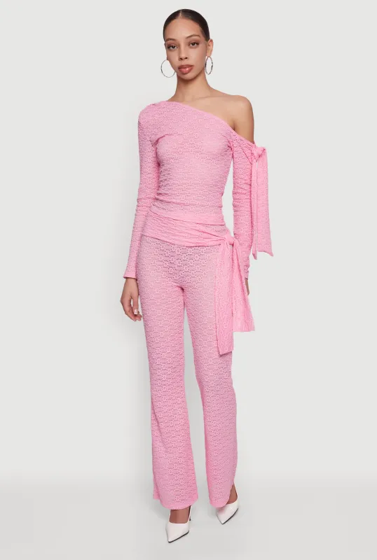 Textured Knit Tie Front Flare Leg Pants made by Rainbow