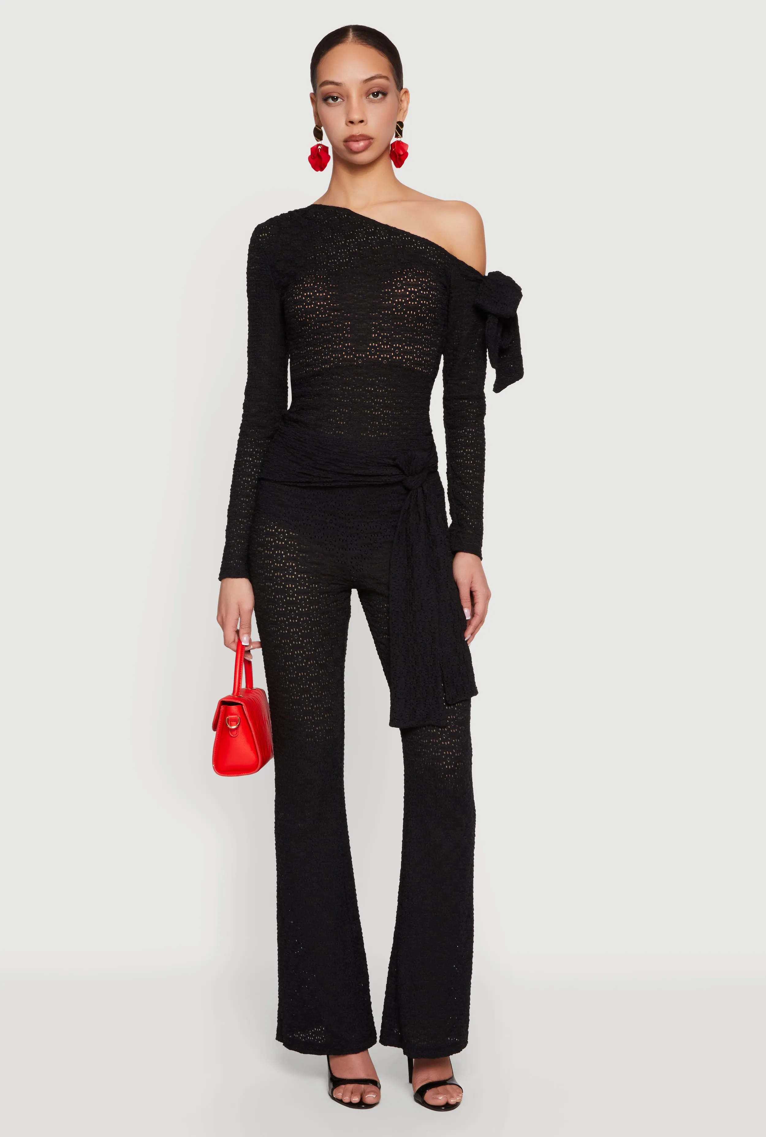 Textured Knit Tie Front Flare Leg Pants sold by Rainbow
