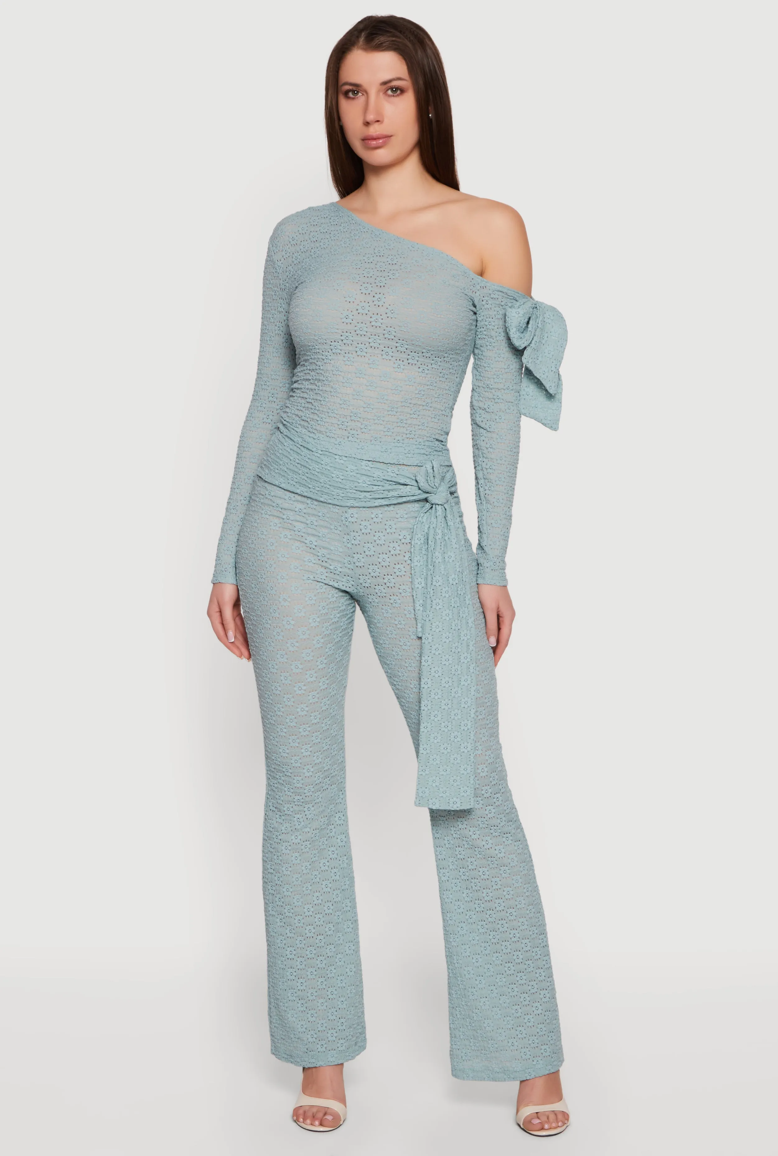Textured Knit Tie Front Flare Leg Pants sold by Rainbow