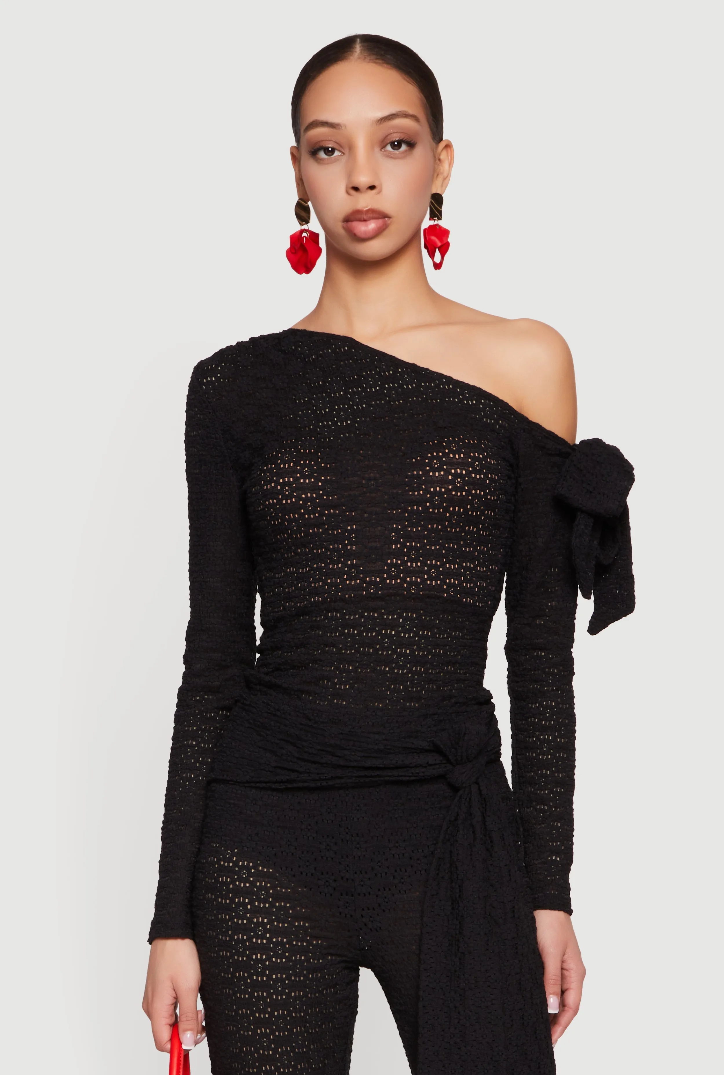 Textured Knit Asymmetrical Tie Sleeve Top sold by Rainbow