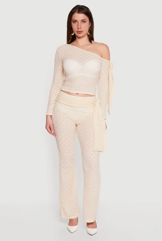 Textured Knit Tie Front Flare Leg Pants made by Rainbow