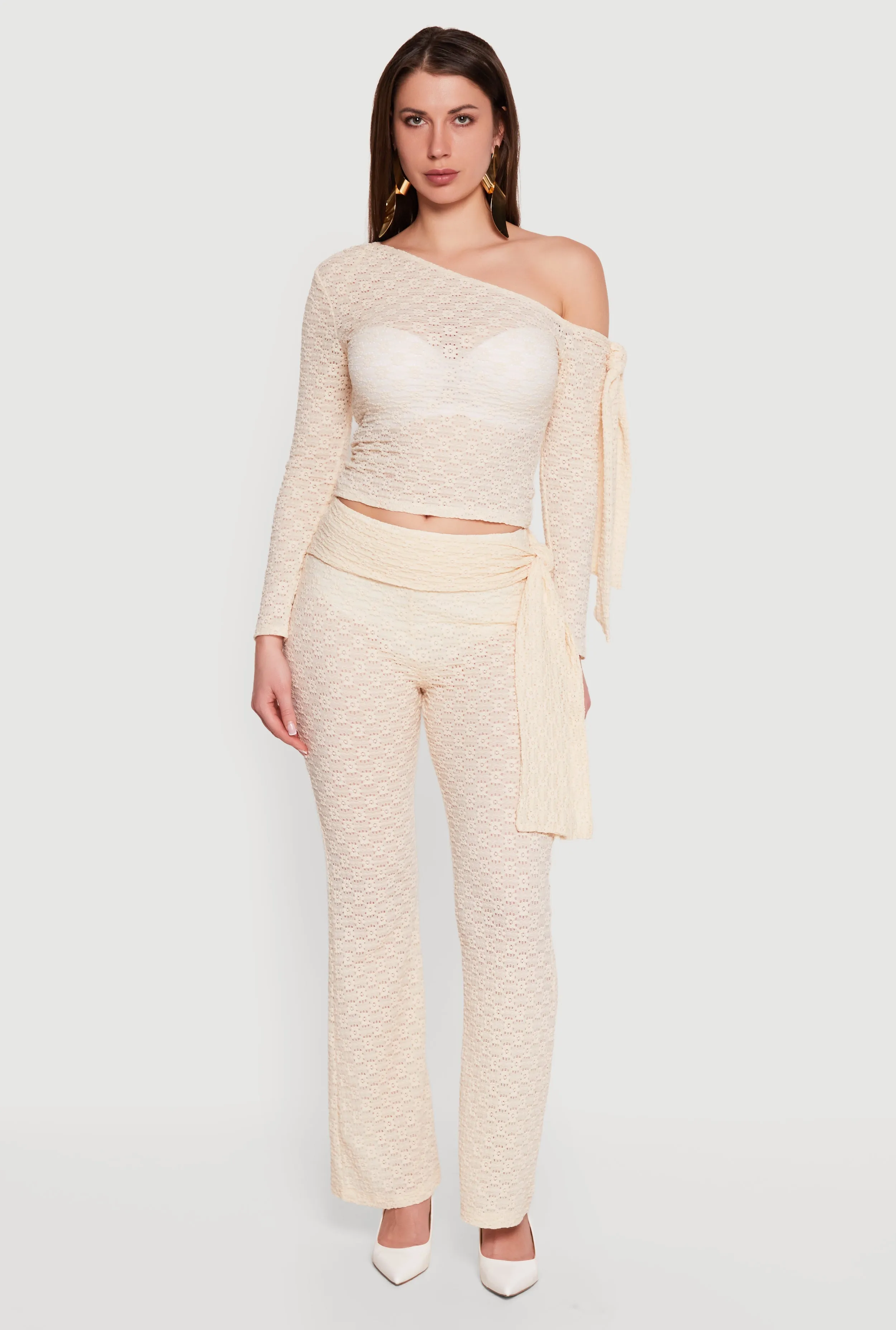 Textured Knit Tie Front Flare Leg Pants sold by Rainbow