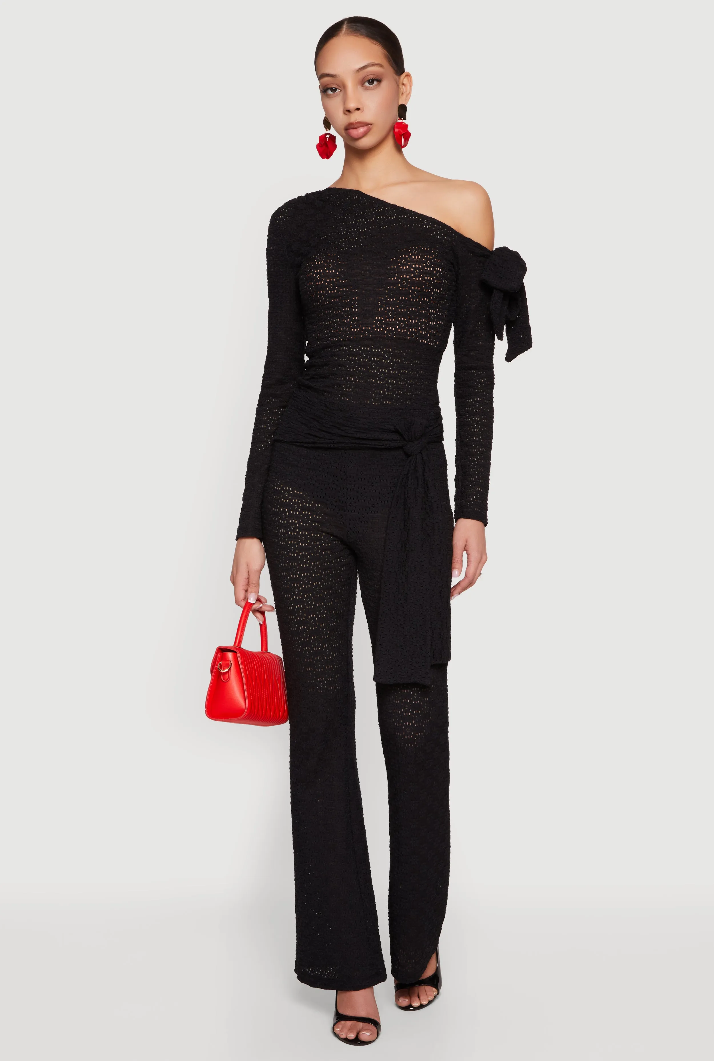 Textured Knit Asymmetrical Tie Sleeve Top sold by Rainbow product image thumbnail 2