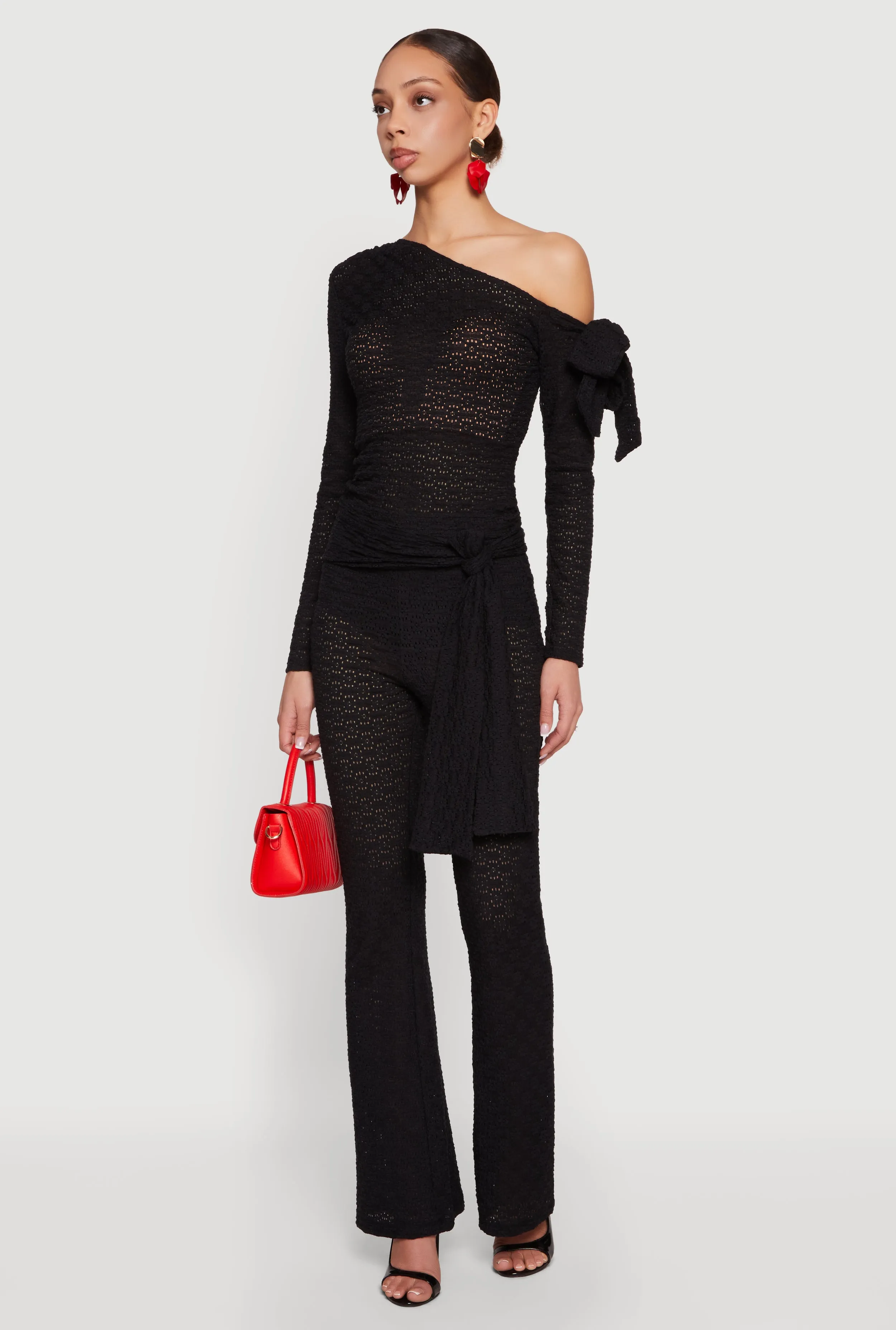 Textured Knit Asymmetrical Tie Sleeve Top sold by Rainbow product image thumbnail 3