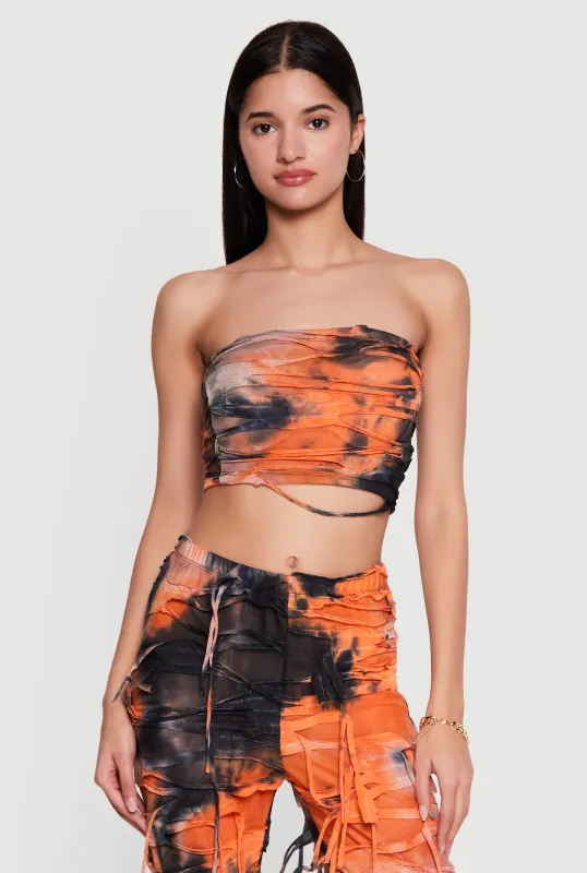 Slashed Acid Wash Cropped Mesh Tube Top made by Rainbow