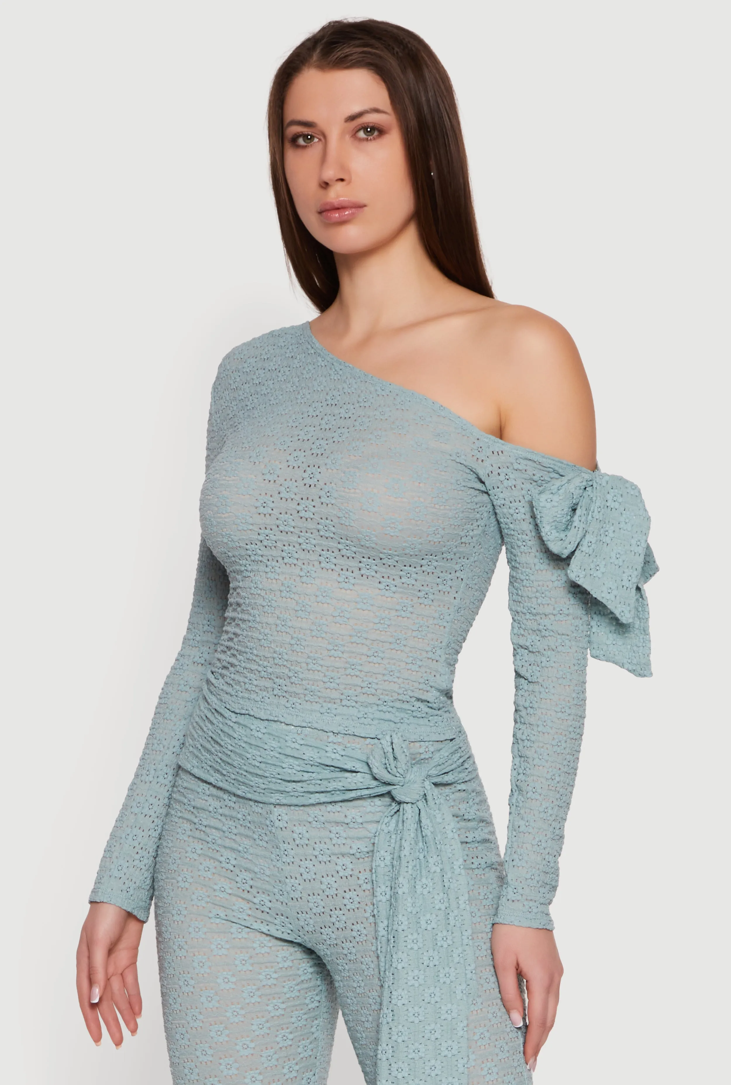 Textured Knit Asymmetrical Tie Sleeve Top sold by Rainbow