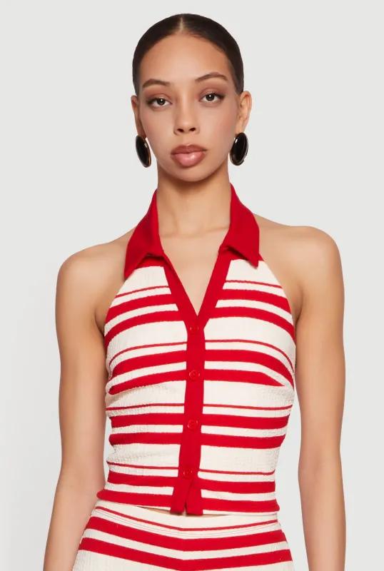 Striped Textured Knit Collared Halter Top sold by Rainbow