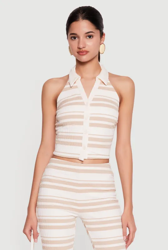 Striped Textured Knit Collared Halter Top sold by Rainbow