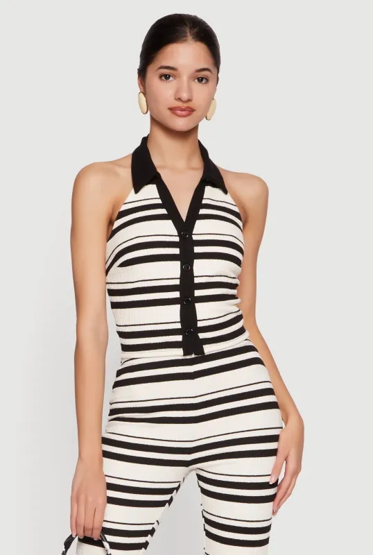 Striped Textured Knit Collared Halter Top sold by Rainbow