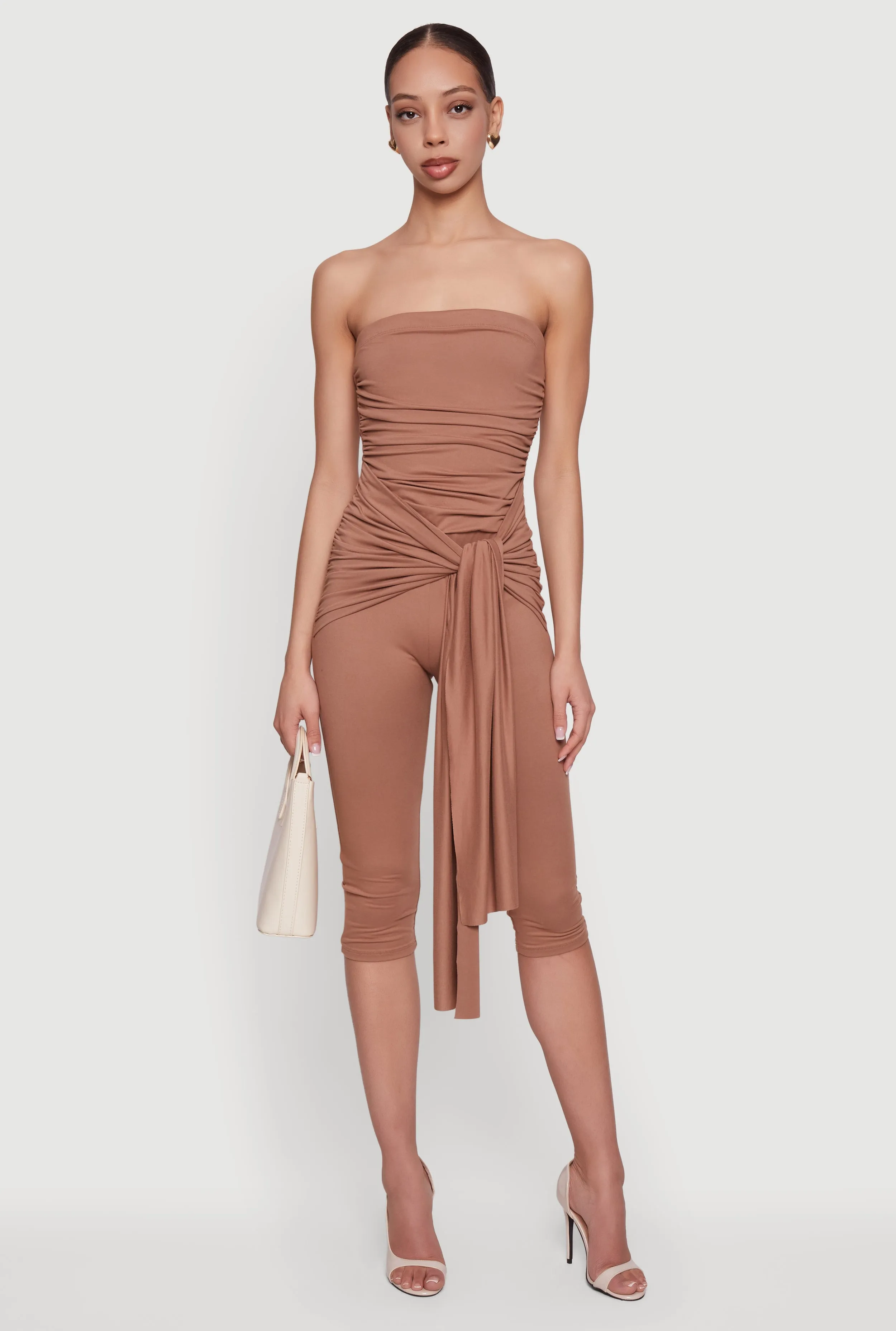 Side Ruched Tie Front Sleeveless Capri Jumpsuit sold by Rainbow product image thumbnail 2