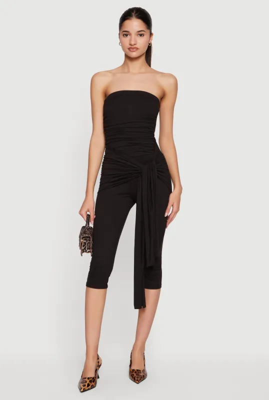 Side Ruched Tie Front Sleeveless Capri Jumpsuit made by Rainbow