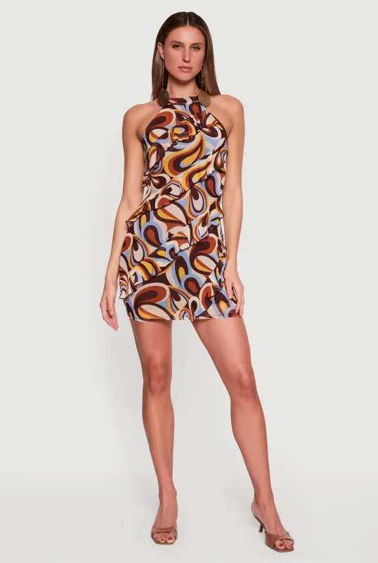 Abstract Print Mesh Ruffle Mini Dress sold by Rainbow