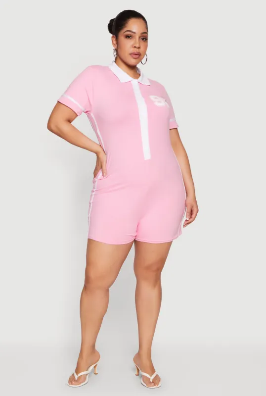 Plus Size 92 Graphic Varsity Stripe Collared Romper made by Rainbow