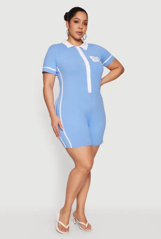 Plus Size 92 Graphic Varsity Stripe Collared Romper made by Rainbow