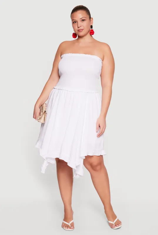 Plus Size Solid Handkerchief Hem Smocked Strapless Dress sold by Rainbow