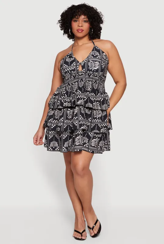 Plus Size Checkered Leaf Print Tiered Ruffle Halter Mini Dress made by Rainbow
