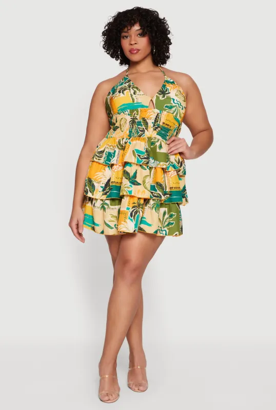 Plus Size Keyhole Tropical Print Tiered Halter Dress made by Rainbow
