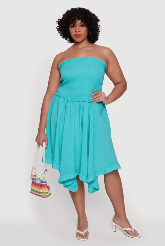 Plus Size Solid Handkerchief Hem Smocked Strapless Dress sold by Rainbow
