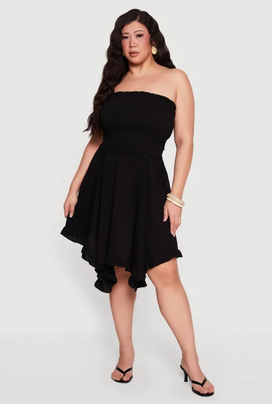 Plus Size Solid Handkerchief Hem Smocked Strapless Dress sold by Rainbow