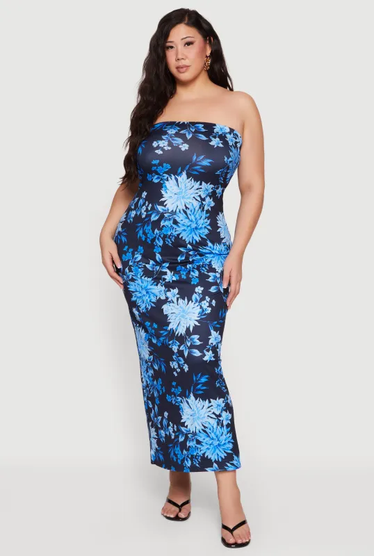 Plus Size Floral Slit Back Tube Maxi Dress made by Rainbow