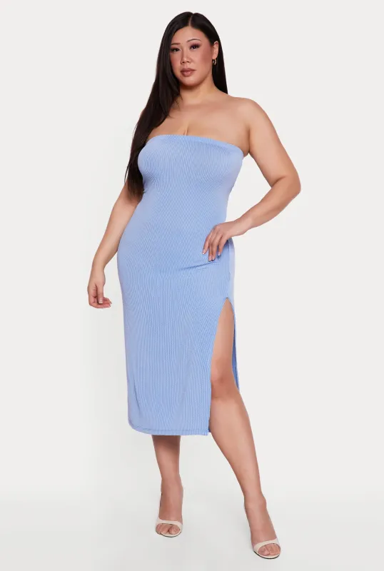 Plus Size Ribbed Knit Tube Dress with Keyhole Back made by Rainbow