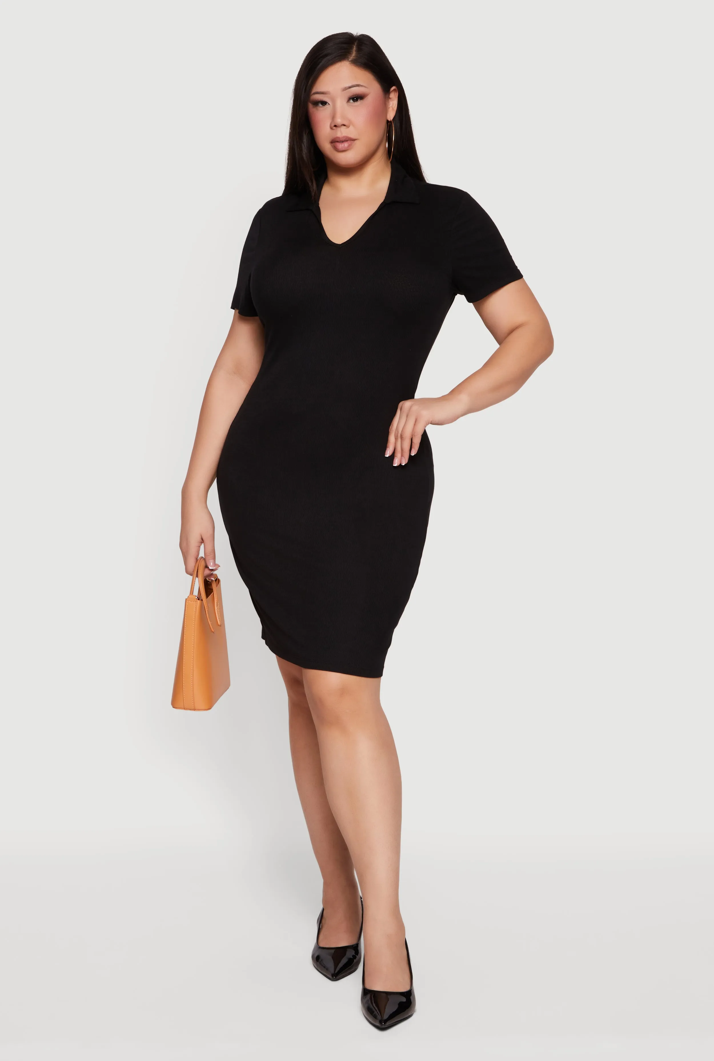 Plus Size Ribbed Knit Johnny Collar Dress sold by Rainbow