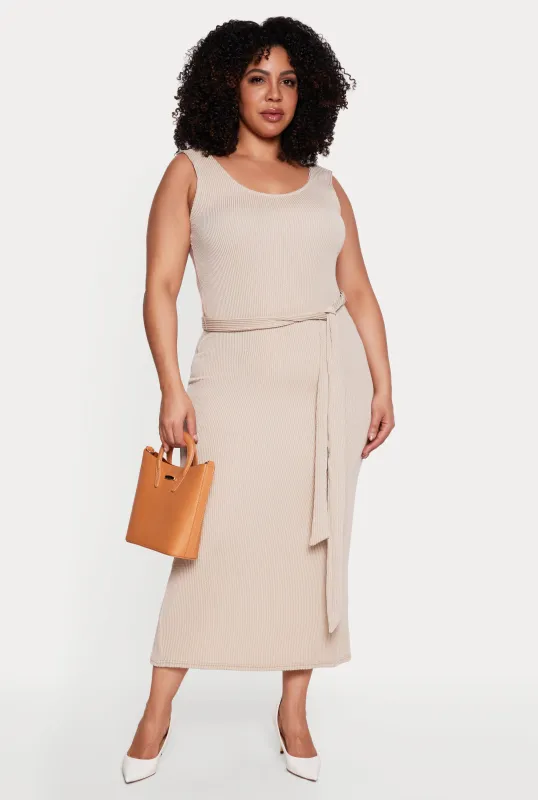 Plus Size Ribbed Knit Sleeveless Tie Waist Belted Dress sold by Rainbow