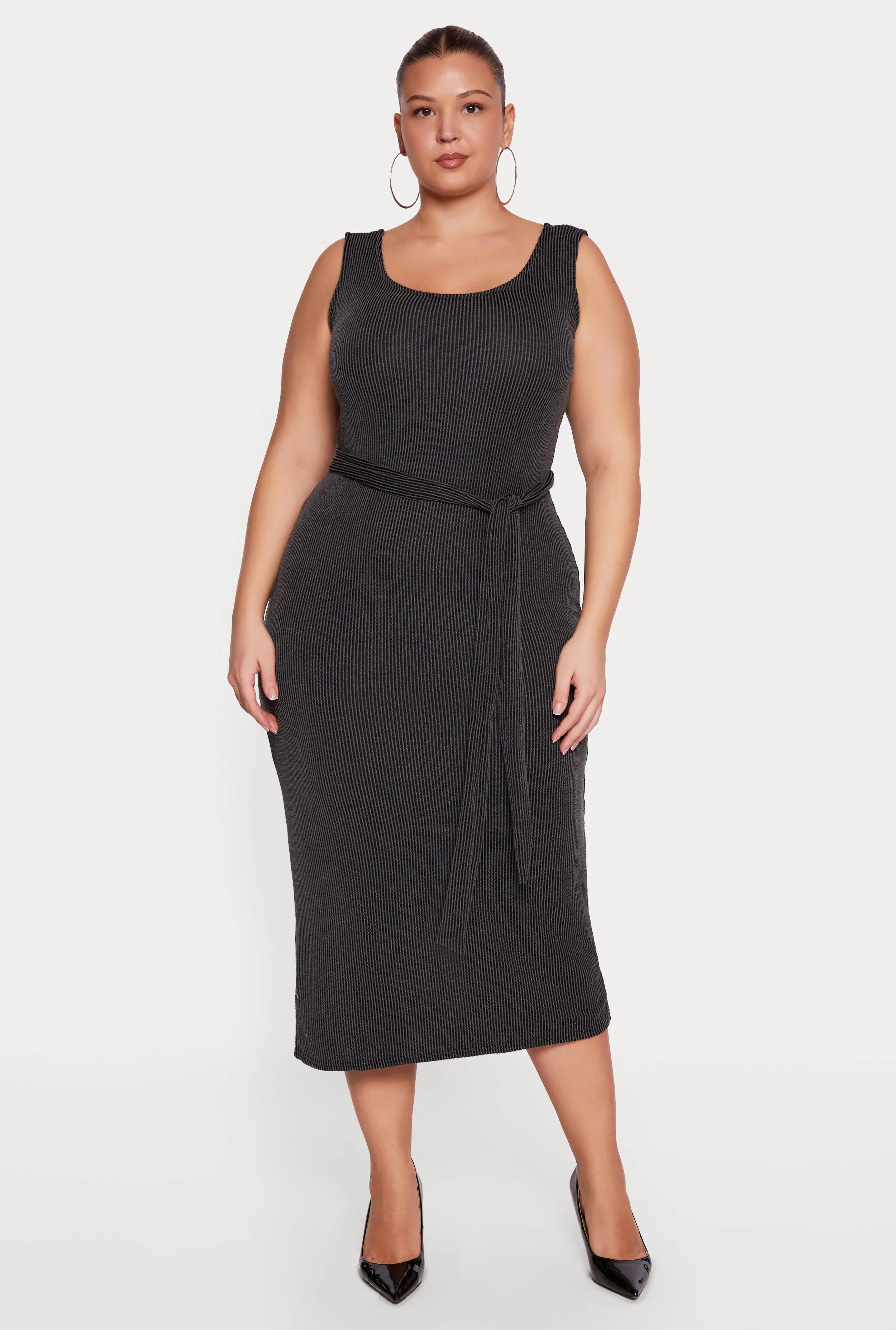 Plus Size Ribbed Knit Sleeveless Tie Waist Belted Dress sold by Rainbow