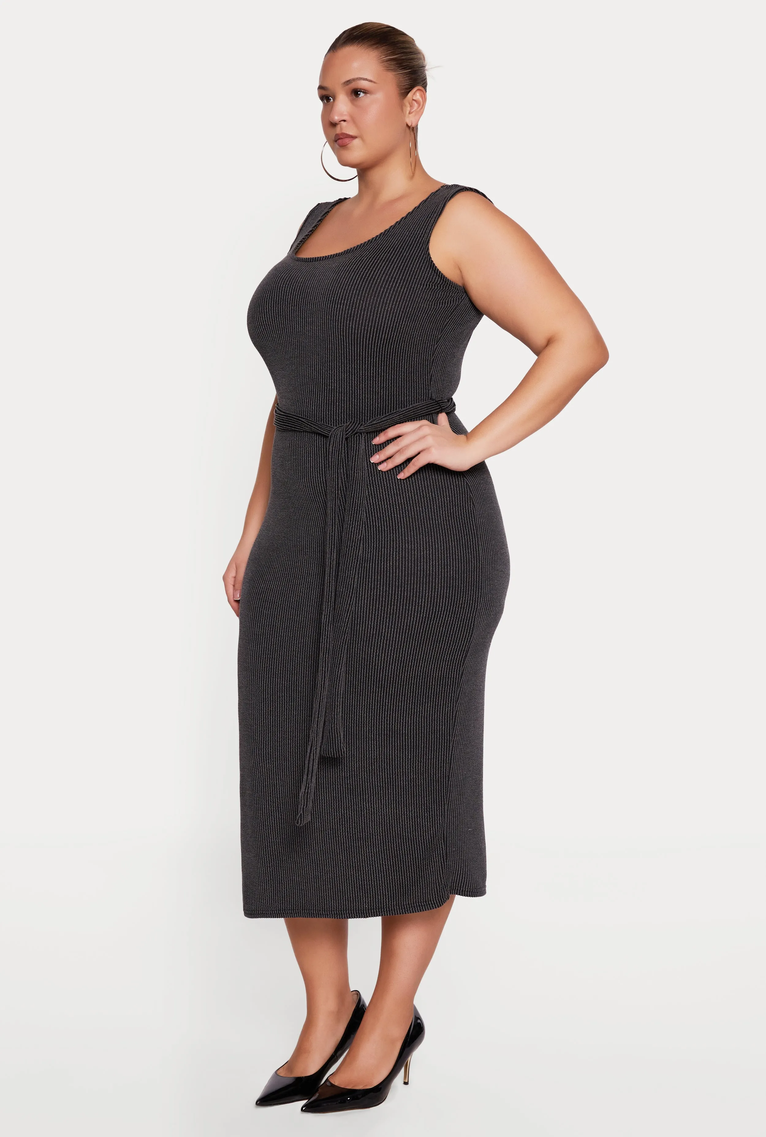 Plus Size Ribbed Knit Sleeveless Tie Waist Belted Dress sold by Rainbow product image thumbnail 2
