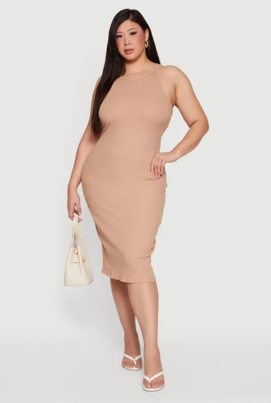 Plus Size Ribbed Knit Crew Neck Midi Tank Dress sold by Rainbow