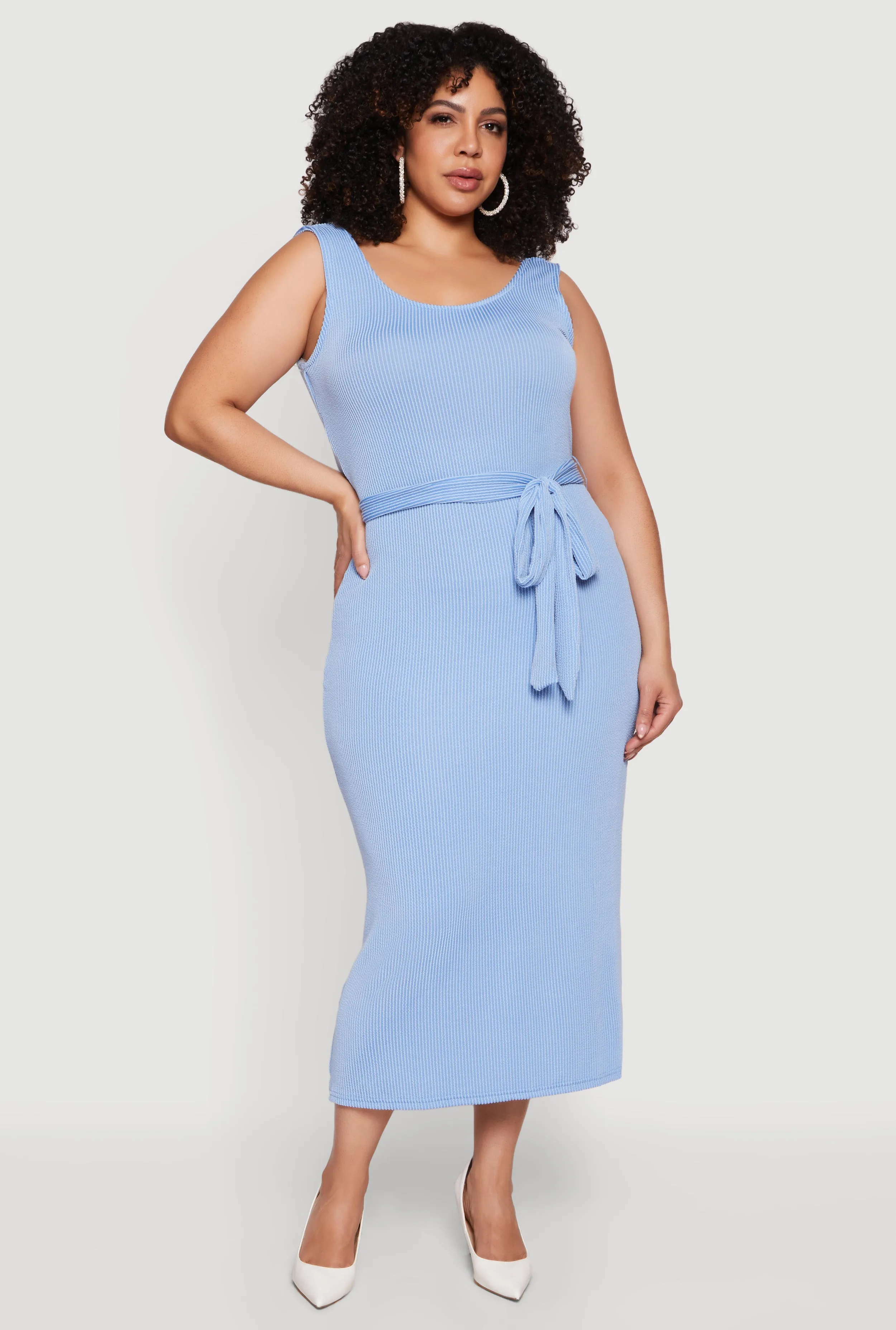 Plus Size Ribbed Knit Sleeveless Tie Waist Belted Dress sold by Rainbow