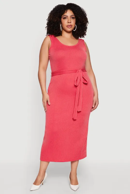 Plus Size Ribbed Knit Sleeveless Tie Waist Belted Dress sold by Rainbow