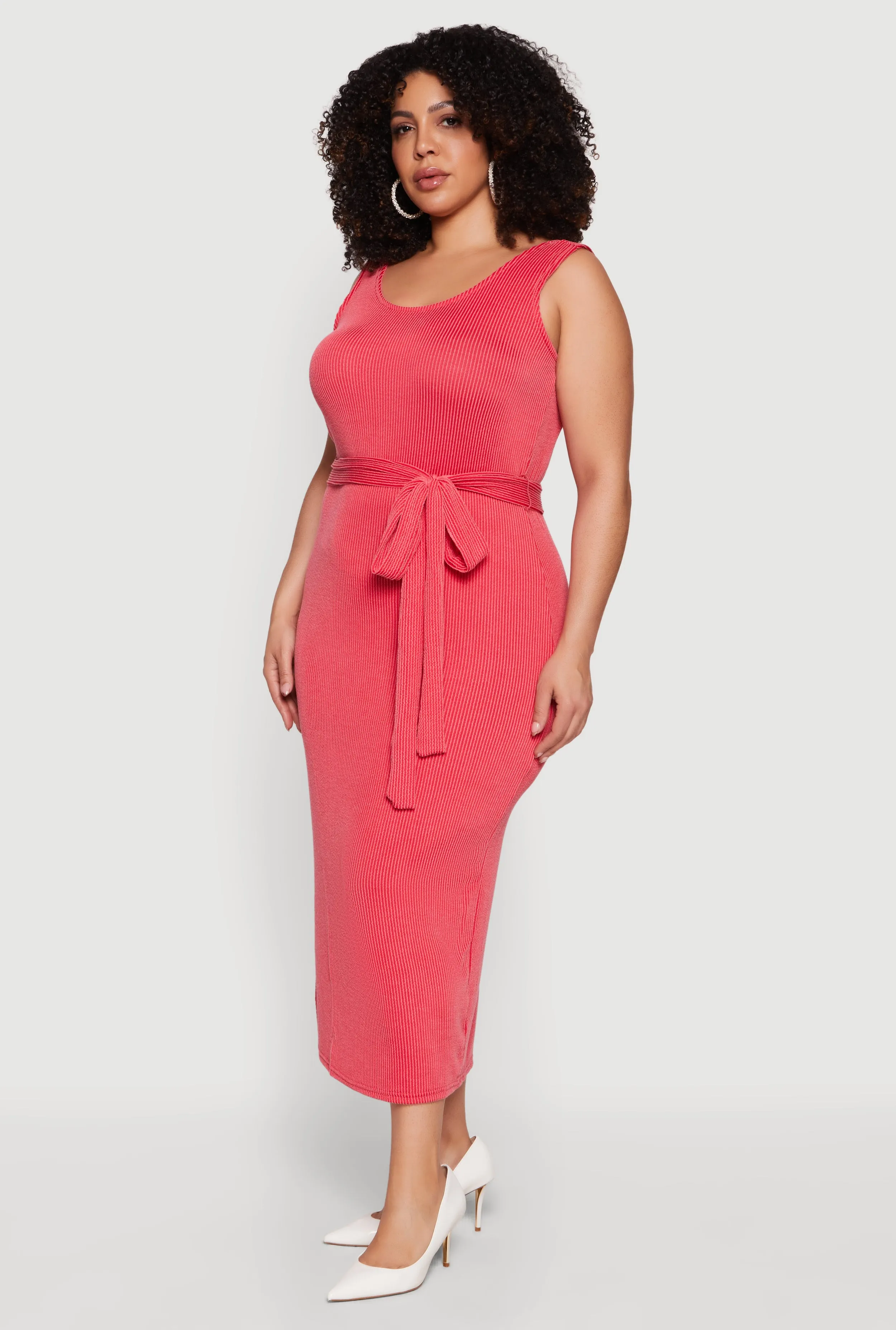 Plus Size Ribbed Knit Sleeveless Tie Waist Belted Dress sold by Rainbow product image thumbnail 2