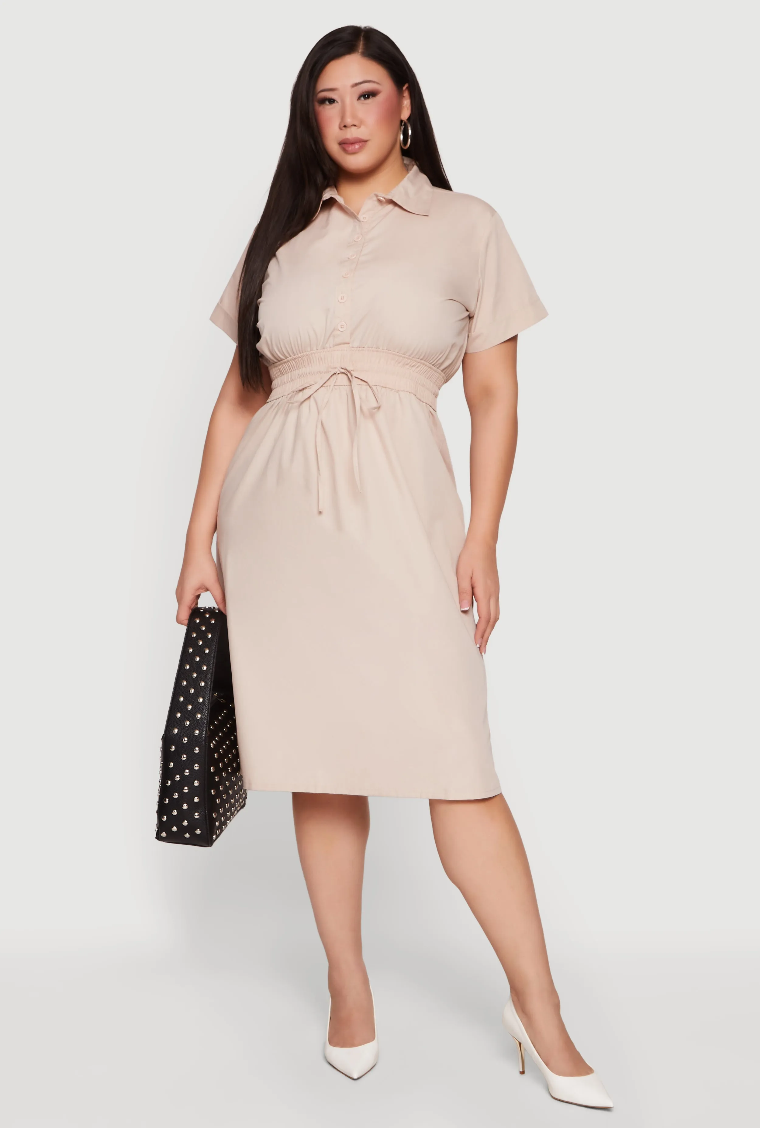 Plus Size Drawstring Waist Button Front Midi Dress sold by Rainbow product image thumbnail 4