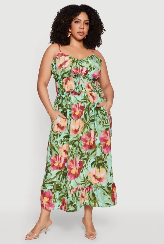 Plus Size Floral Print Smocked Maxi Sundress with Pockets sold by Rainbow