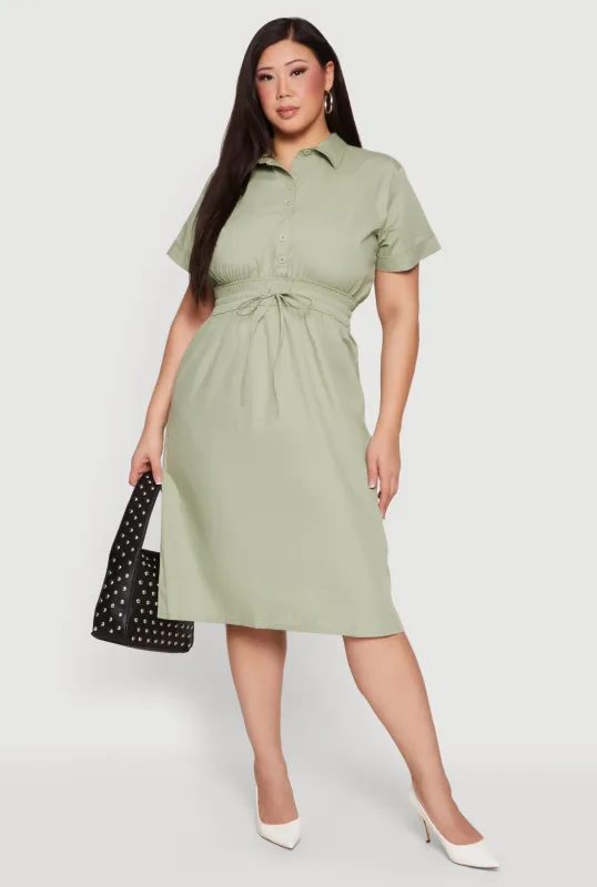 Plus Size Drawstring Waist Button Front Midi Dress sold by Rainbow