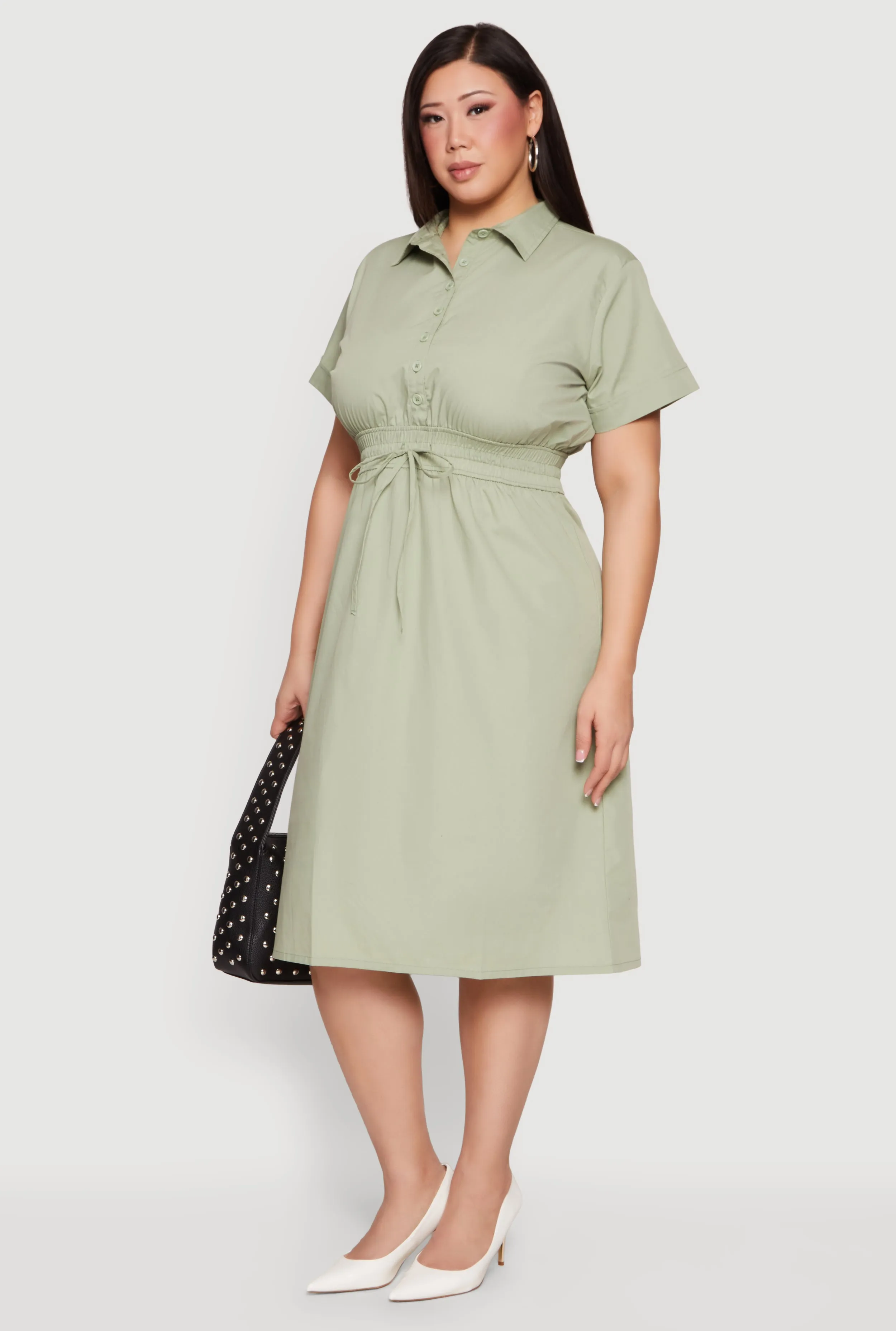 Plus Size Drawstring Waist Button Front Midi Dress sold by Rainbow product image thumbnail 2
